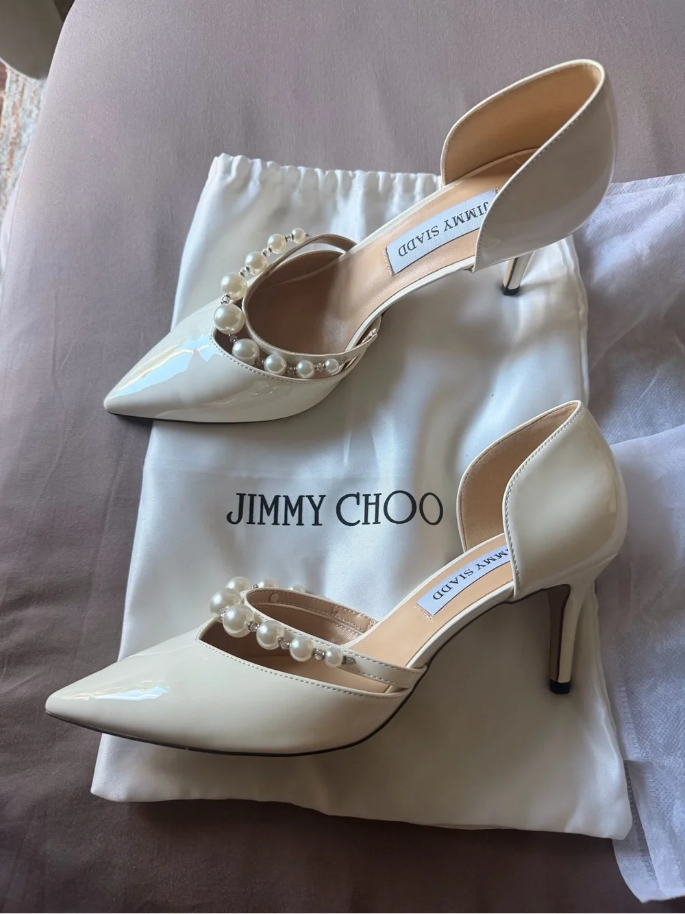Aurelie 65 Latte Patent Leather Pointed Pumps with Pearl Embellishment